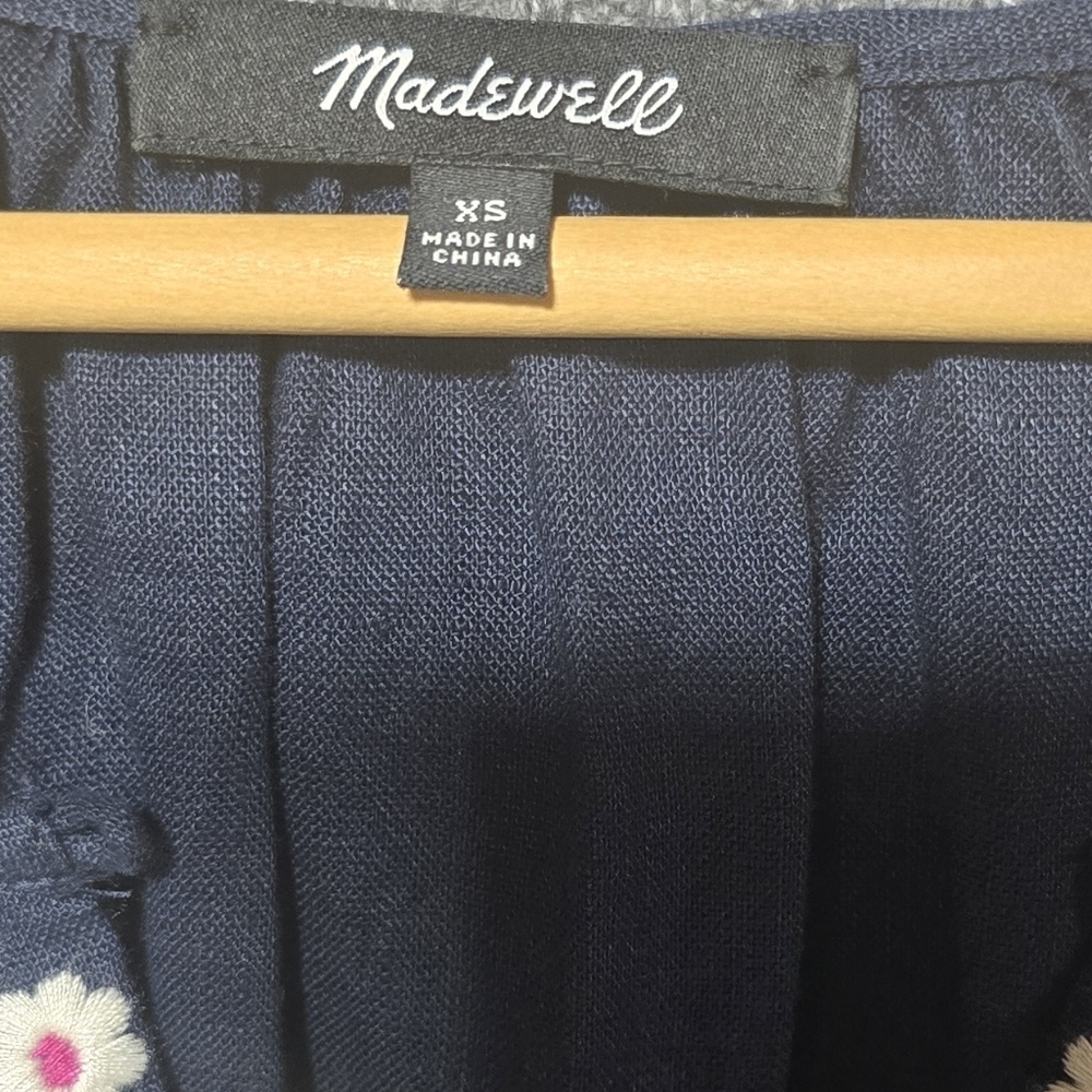 Madewell Embroidered Linen-Blend Raglan Ruffle Mini Dress In Deep Navy - Picture 7 of 8